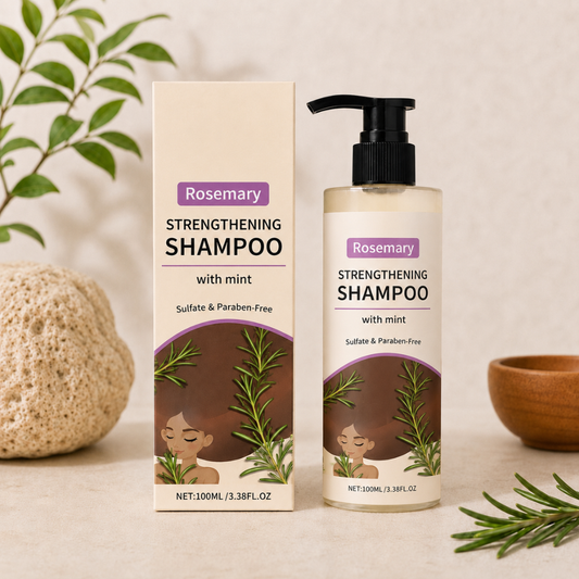 Rosemary Strengthening Shampoo bottle and matching box on a light beige surface, styled with green leaves, a sponge, and a small wooden bowl. The packaging features a cream background with a purple label and an illustration of a woman with rosemary.