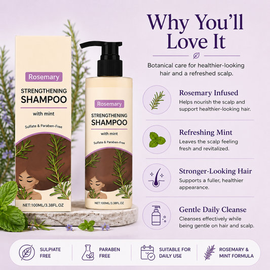 Rosemary Strengthening Shampoo bottle and matching box on a light lavender background with text callouts about botanical care, rosemary infusion, mint, stronger-looking hair, and gentle daily cleanse.