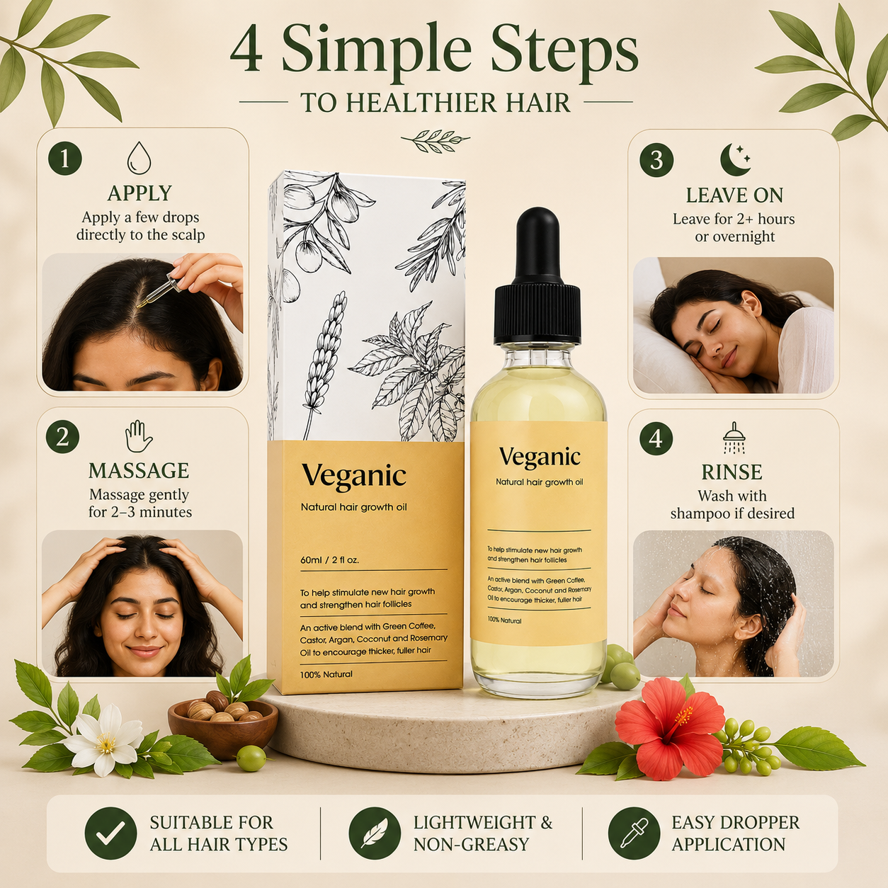 Veganic Hair Oil bottle steps to use