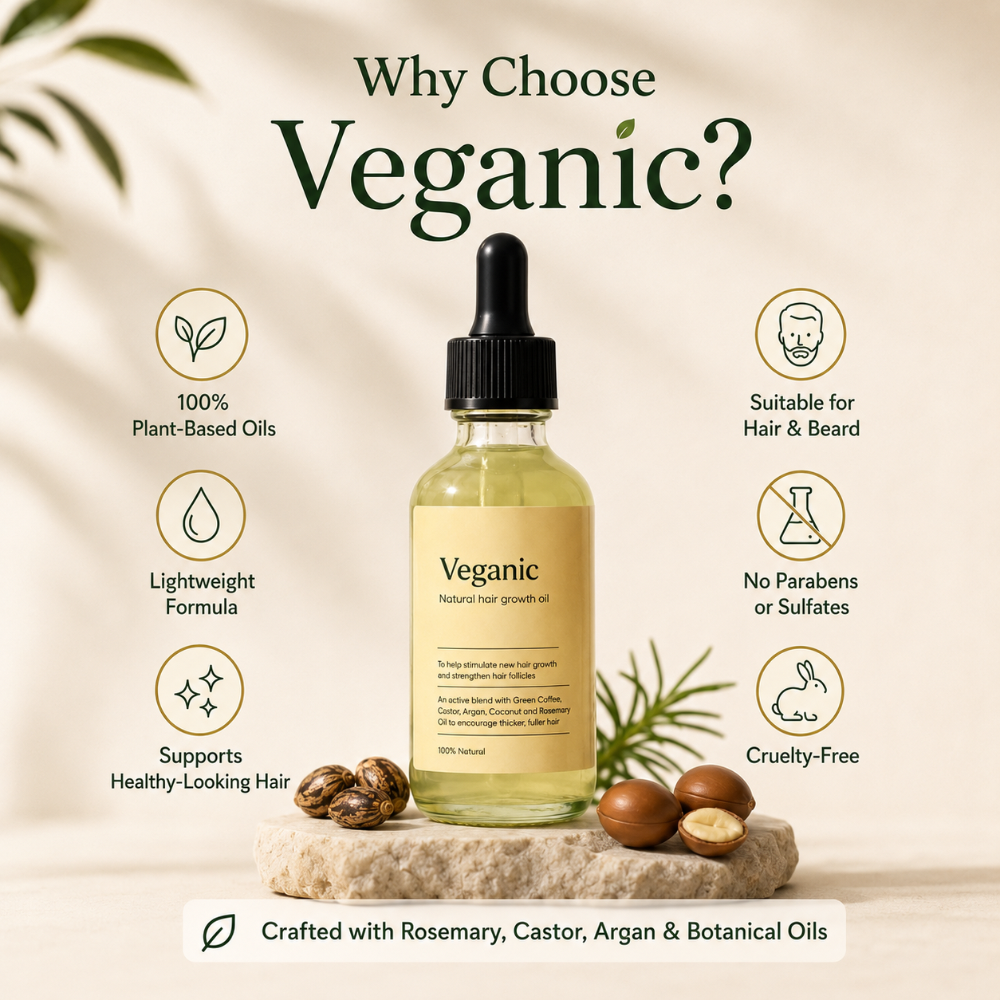 Veganic Hair Oil bottle with vegan and cruelty-free badges