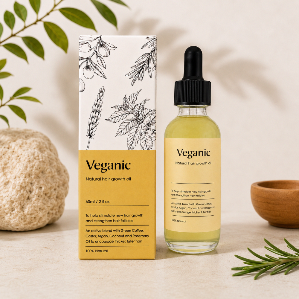 Veganic Hair Oil 60ml bottle with dropper, forest green and gold label